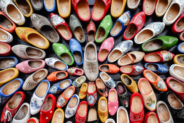 wooden shoes painted with different regional motifs - zaandam imagens e fotografias de stock