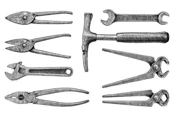 Vector illustration of Set of vector drawings of old tools including hammer, pincers, wrench, pliers, adjustable wrench and sheet metal shears