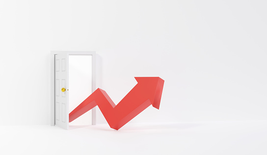 White door with red arrows in white background. rising graph Risk or choice of growth. 3D rendering illustration