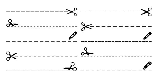 Coupon cut lines with scissors and utility knives Cut lines with vector scissors and utility knives. Dotted and dashed coupon borders, paper page, ticket or flyer perforated cut lines, product packaging, sale or discount coupon cut here marks perforated vector stock illustrations