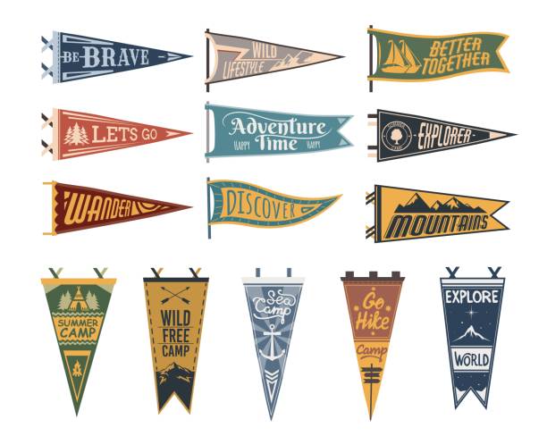 Camping pennant flags, camp hiking sport pendants Camping pennant flags, camp pendants for adventure sport and travel hiking, vector. Varsity scout camping or university camper pennant flags, mountain tourism, campfire and sea camp anchor motto stock illustrations