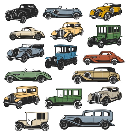 Retro cars icon. Classic coupe, luxury cabriolet and convertible limousine, antique coach sedan isolated vectors. Vintage automobiles, historical and rare retro vehicles icons collection