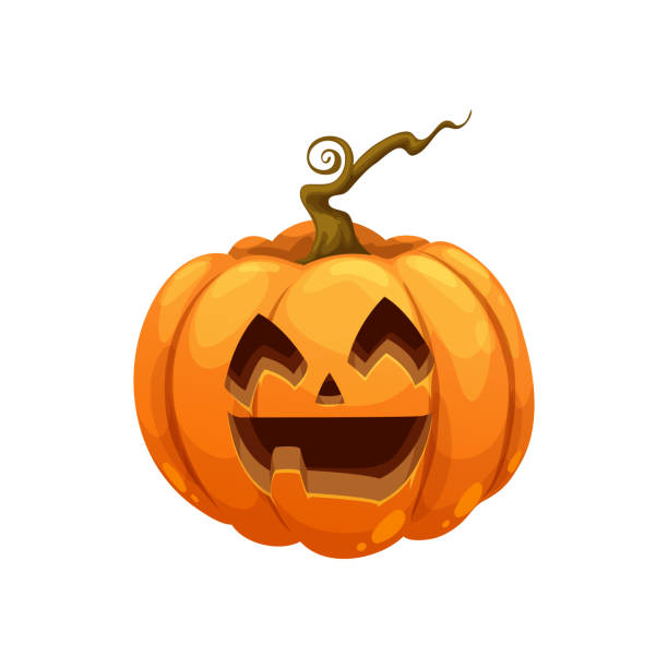 Funny Halloween pumpkin lantern, holiday character Funny Halloween pumpkin lantern, holiday character with scary smile and spooky face, cartoon vector. Halloween holiday trick or treat party pumpkin with creepy grin smile and teeth carving interconnect plug stock illustrations