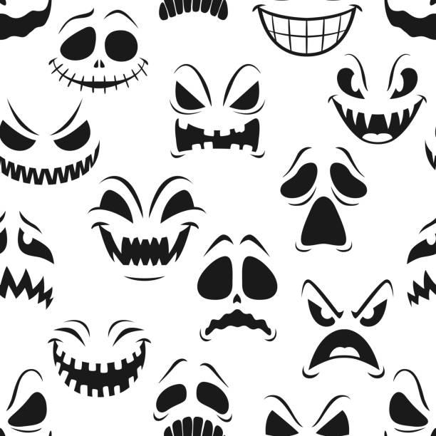 Halloween pumpkin faces vector seamless pattern Halloween pumpkin faces seamless pattern. Vector background of scary jack o lantern monsters or horror ghosts with carved faces, mouths, evil smiles, creepy eyes and spooky teeth, Halloween backdrop goblin stock illustrations