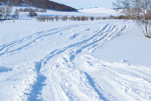 Snow-covered road,Car tire track