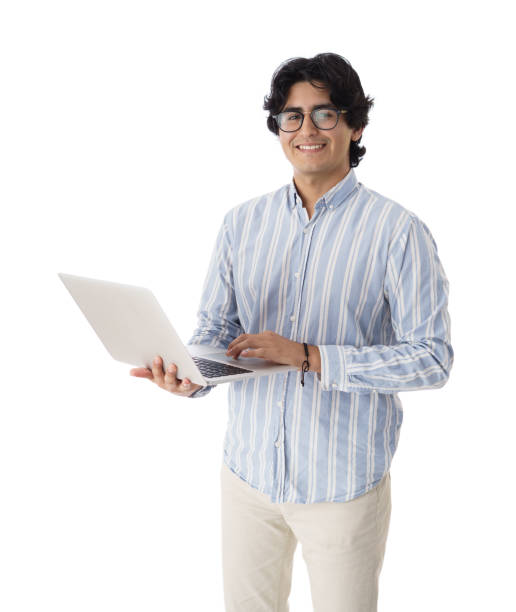 istock Male student holding and using laptop computer with smile. 1414410963