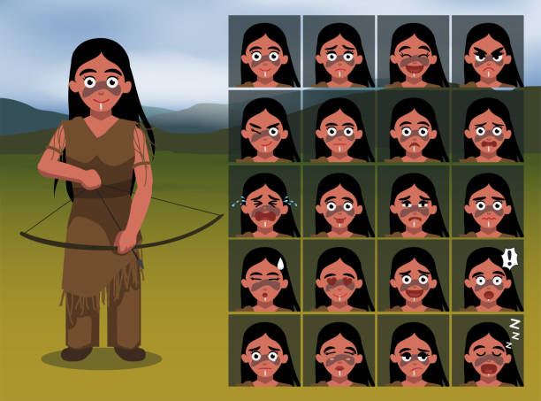 Native American Comanche Girl Archer Cartoon Emotion faces Vector Illustration Cartoon EMoticons EPS10 File Format comanche indians stock illustrations