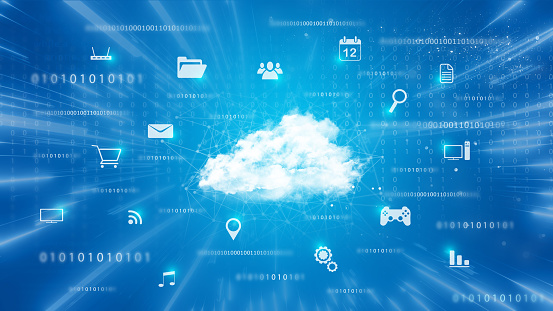 Cloud computing technology and online data storage in innovative perception. Cloud server data storage for global business network concept. Internet server service connection for cloud data transfer.