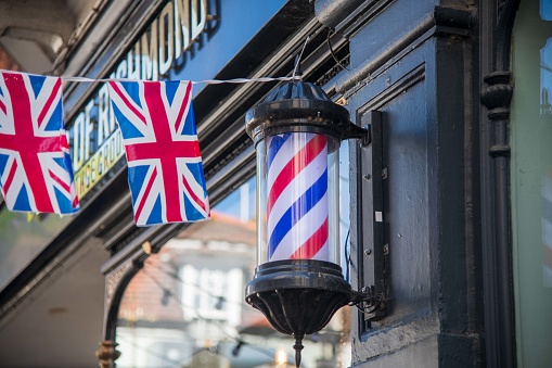 Union Jack flags on a Barber Shop