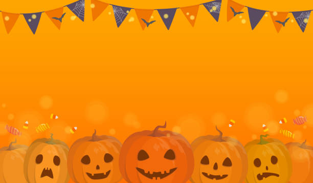 ilustrações, clipart, desenhos animados e ícones de conceito de festa de halloween. ilustração vetorial de abóboras, bandeiras de bunting e luzes decorativas em fundo laranja. - halloween candy candy corn backgrounds