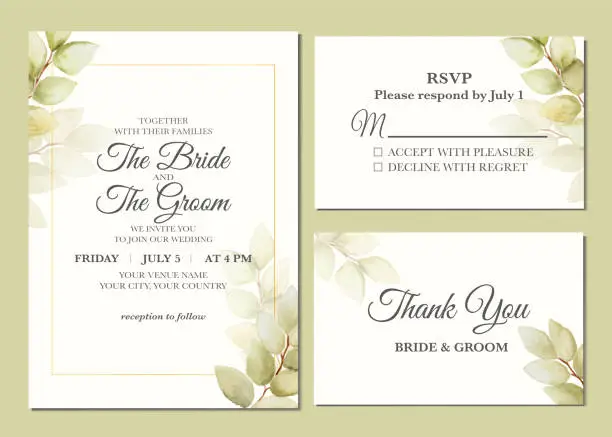 Vector illustration of Manual painted of aesthetic leaves watercolor as wedding invitation.