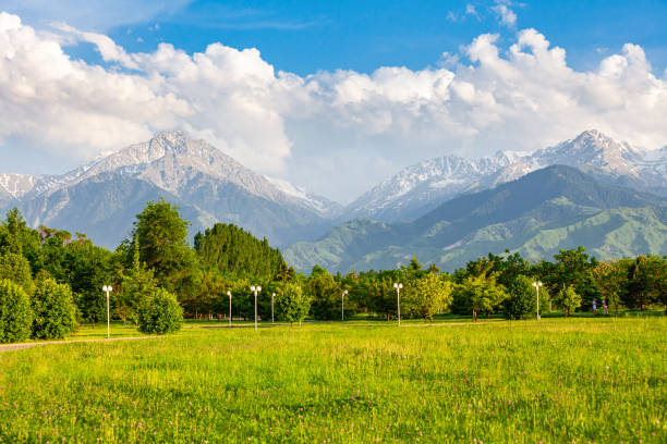 un lugar de descanso favorito de los residentes de almaty en el parque del primer presidente con el telón de fondo de las montañas tien shan. horario de verano - almaty fotografías e imágenes de stock