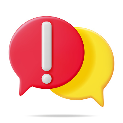 3D White Exclamation Mark in Red Round Pin Isolated. Attention Chat Speech Bubble Icon. Alert and Alarm Symbol. Social Media Network Notification Reminder. Vector Illustration