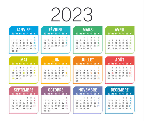 Year 2023 French calendar Colorful year 2023 calendar, in French language, isolated on white background. Vector template. french language stock illustrations