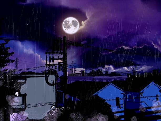 日本の住宅地のクリップアートと夕方空に激しく降る雨 風景イラスト - hurricane lamp点のイラスト素材／クリップアート素材／マンガ素材／アイコン素材