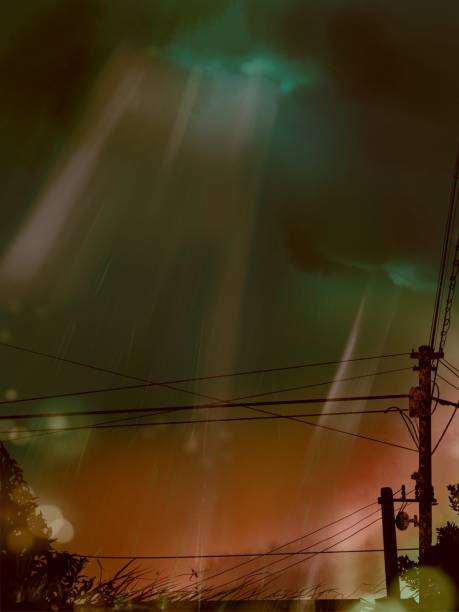アニメ風に夕方の空の暗闇に輝く日本の住宅街の風景と月のクリップアート - architectural background video点のイラスト素材／クリップアート素材／マンガ素材／アイコン素材