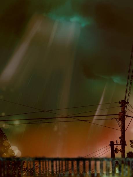 夕方に激しく降る街の風景と雨のクリップアート - hurricane lamp点のイラスト素材／クリップアート素材／マンガ素材／アイコン素材