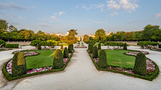 Trees, flowers and plants in the Parterre garden in the Retiro Park, Madrid, Spain.