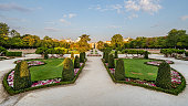Trees, flowers and plants in the Parterre garden in the Retiro Park, Madrid, Spain