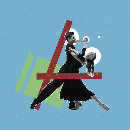 Waltz, valse. Graceful young couple dancing isolated on abstract colored background with geometric shapes, lines. Ballroom dance. Concept of creativity, retro style, party, fun. Poster