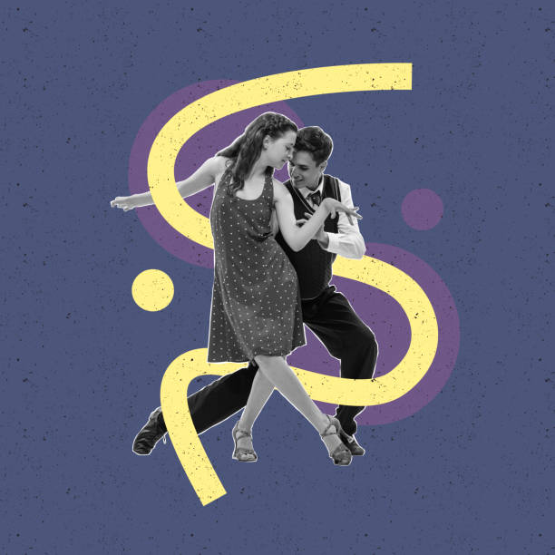 istock Contemporary art collage. Young beautiful couple dancing isolated on abstract colored background with geometric shapes, lines. 1414429028