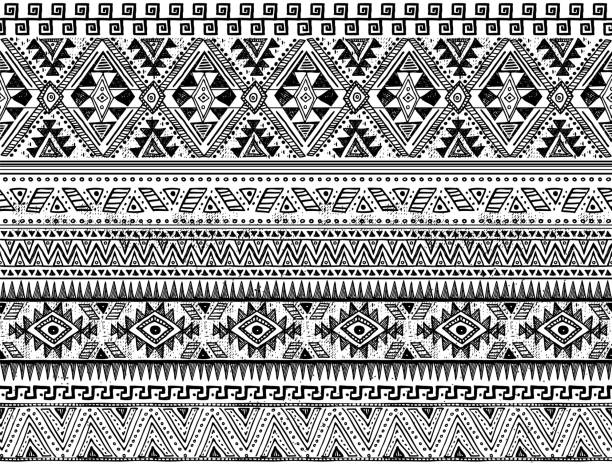 Black and white tribal print vector pattern Doodled tribal pattern in black and white colors. Resembling a woodcut, this vector pattern repeats seamlessly and would be so much fun to color in. aboriginal art stock illustrations