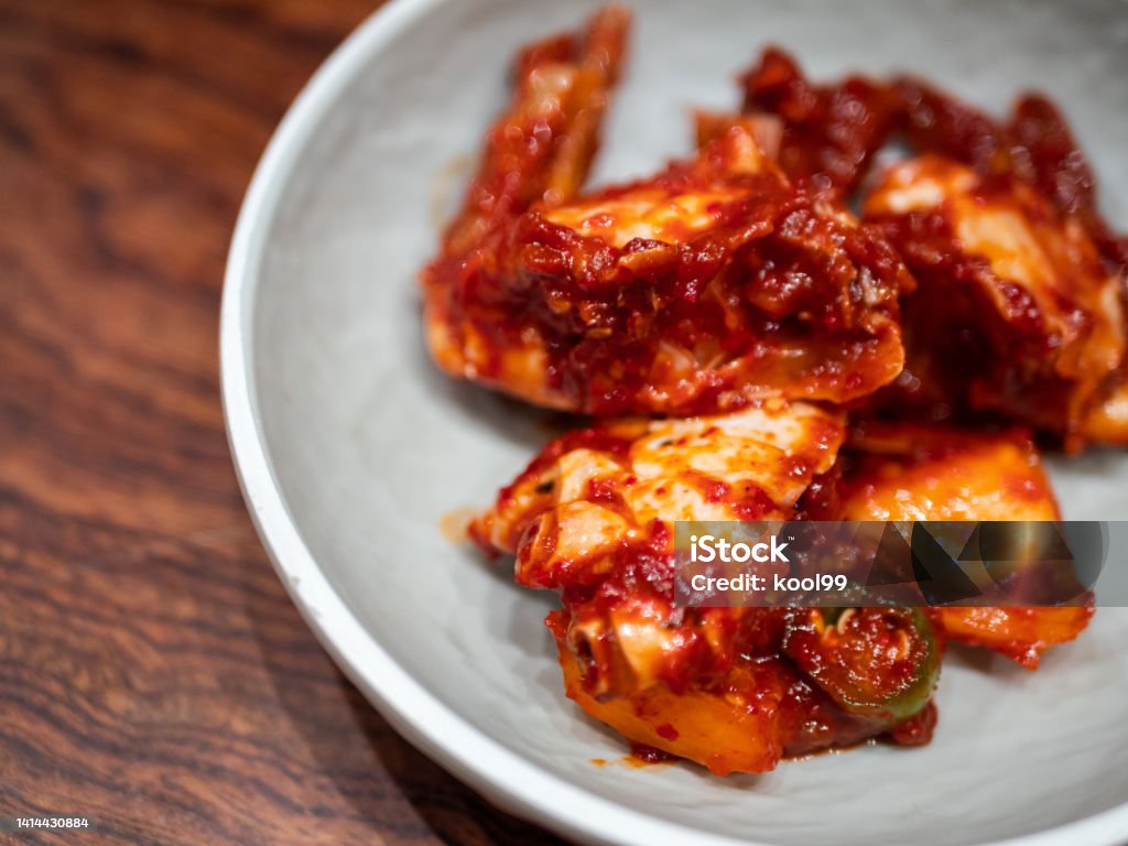Korean Food: Pickled crab with chili sauce Fermenting Stock Photo