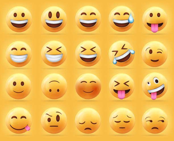 3d set vector of yellow face emoji icon isolated on yellow background vector art illustration