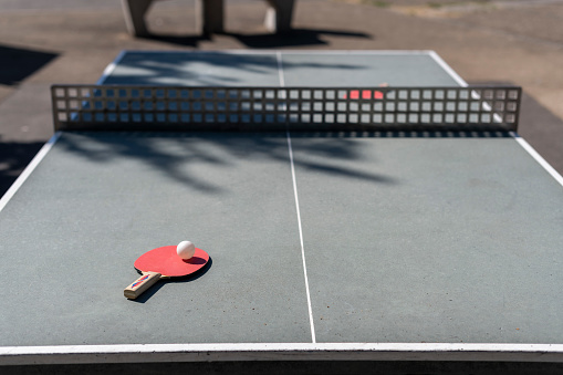 View of a concrete ping pong table in a park in summer.