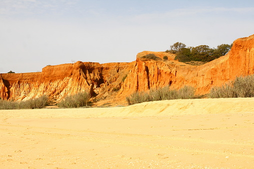 The golden sandy beach, 6 km long, is bordered by ochre and eroded cliffs, in Albufeira, Portugal, in the Algarve region