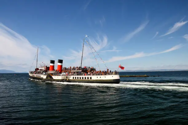 The paddle steamer Waverley sailing from Ayr harbour in South West Scotland