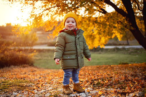 Portrait of adorable and cute Caucasian toddler boy, enjoy the sutumn day in the nature