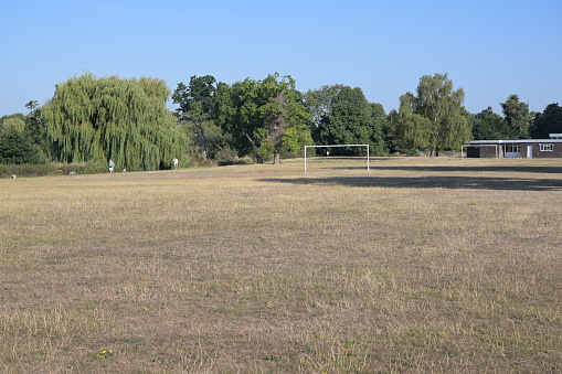 A scorched playing field during the drought of August 2022 in Horley, Surrey.