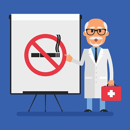 Old doctor points to flip chart with picture no smoking sign. Flat people. Vector Illustration