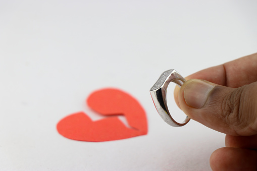 Relationship or love Proposal with a ring but that leads to heartbreak concept shown with a red paper broken heart and a silver ring