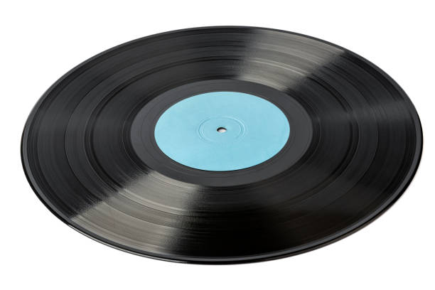 istock Black vinyl record with blank blue label isolated on white background. 1414436202
