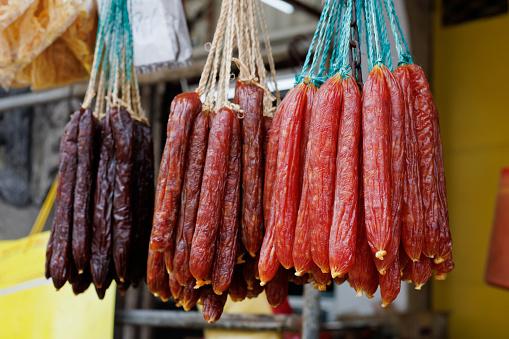 Preserved sausages hanging in street market. Chinese sausages are one of the popular food during Chinese New Year
