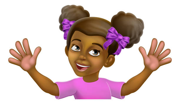 черная девочка мультфильм ребенок ребенок размахивающий знак - pigtails placard child holding stock illustrations