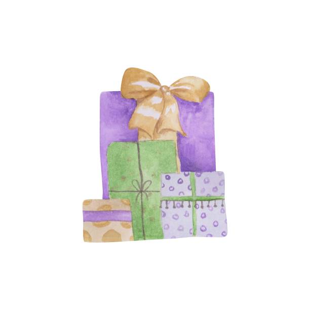 illustrations, cliparts, dessins animés et icônes de tas de coffrets cadeaux isolés sur fond blanc. aquarelle présente. clipart de cadeaux de noël dessinés à la main. décorations de noël. boîtes enveloppées violettes, vertes et bleues avec de jolis nœuds. - perry