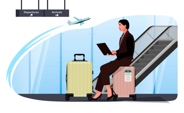 Young businesswoman using laptop at airport departure area Young businesswoman using laptop at airport departure area business person typing on laptop stock illustrations