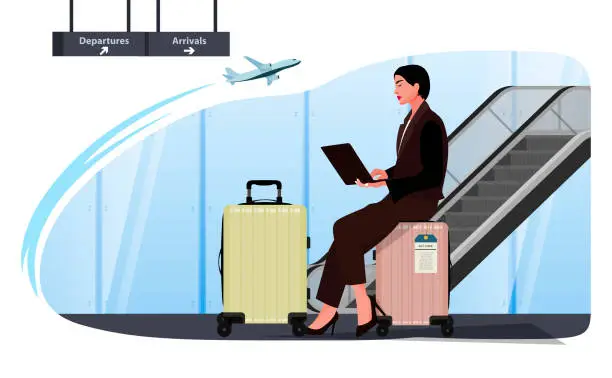 Vector illustration of Young businesswoman using laptop at airport departure area