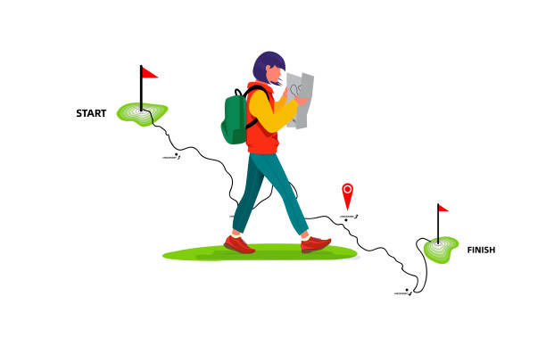 ilustrações, clipart, desenhos animados e ícones de o jovem caminhante está lendo o mapa. caminhando com passos longos. linda jovem viajante olhando mapa com bolsa , conceito de viagem e férias - mochileiro