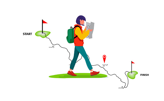 The  young  hiker is reading the map.Walking with long strides.Beautiful young  woman traveler looking map with  bag , Travel and vacation concept