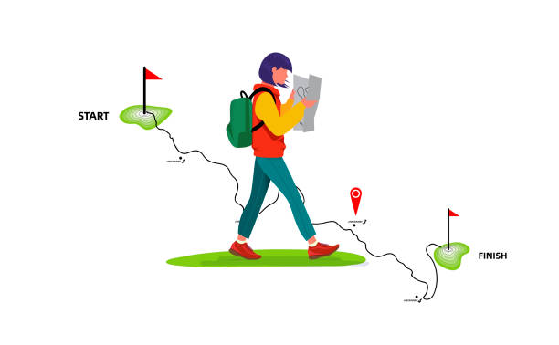 The  young  hiker is reading the map.Walking with long strides.Beautiful young  woman traveler looking map with  bag , Travel and vacation concept vector art illustration