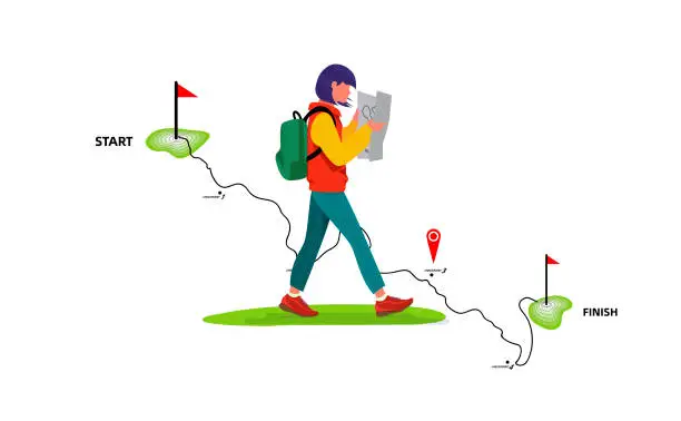 Vector illustration of The  young  hiker is reading the map.Walking with long strides.Beautiful young  woman traveler looking map with  bag , Travel and vacation concept