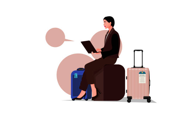 ilustrações de stock, clip art, desenhos animados e ícones de young businesswoman using laptop at airport departure area. - people traveling business travel waiting airport