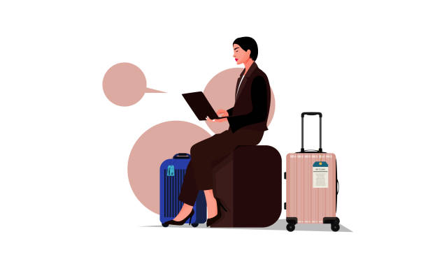 молодая бизнесвумен пользуется ноутбуком в зоне вылета аэропорта. - airport women waiting business travel stock illustrations