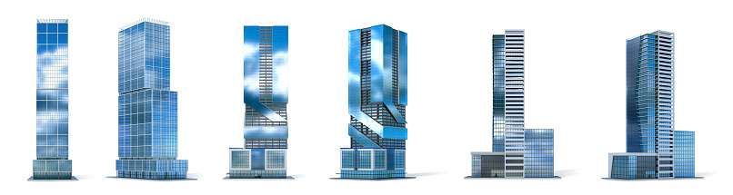 Set of skyscrapers isolated on the white background. 3d illustration