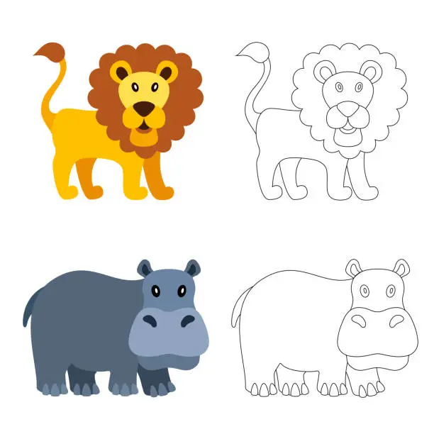 Vector illustration of Cartoon Lion and Hippopotamus. Coloring Book.