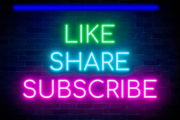 istock Like, share, subscribe neon banners on bricks wall background, light signboard followers, and social media content channels. 1414450959